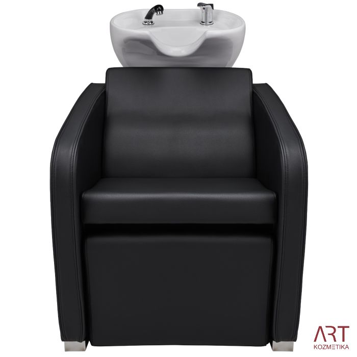 Frizerski umivalnik Aston (bel umivalnik, črno oblazinjenje, električno premični naslon za noge)