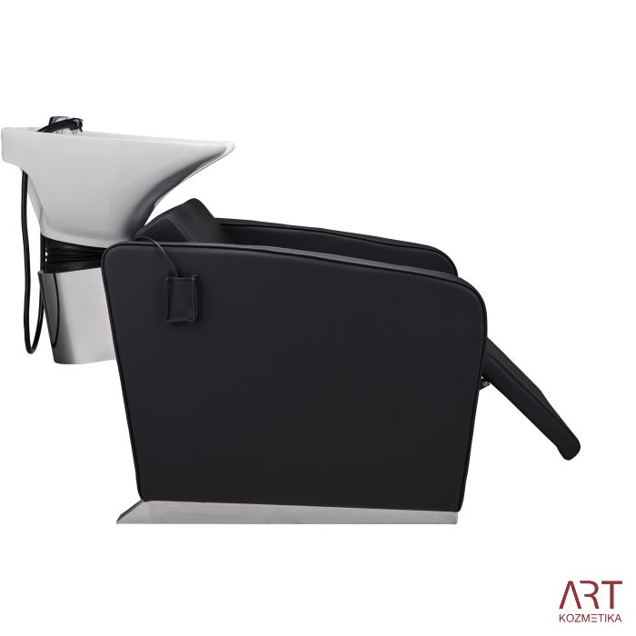 Frizerski umivalnik Aston (bel umivalnik, črno oblazinjenje, električno premični naslon za noge)