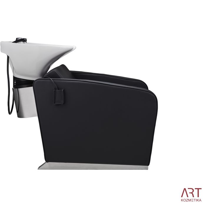 Frizerski umivalnik Aston (bel umivalnik, črno oblazinjenje, električno premični naslon za noge)