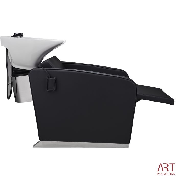 Frizerski umivalnik Aston (bel umivalnik, črno oblazinjenje, električno premični naslon za noge)